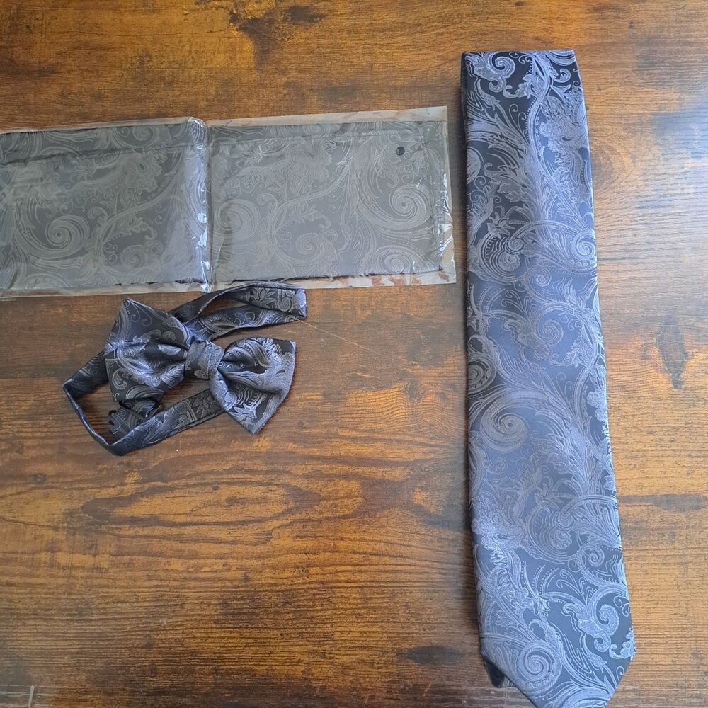 3pc Cardi Handkerchief Pocket Square Tie & Bow Tie Black/Grey